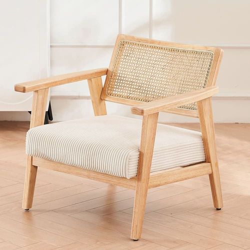 Fauteuil En Velours Côtelé Beige Et Cannage Naturel