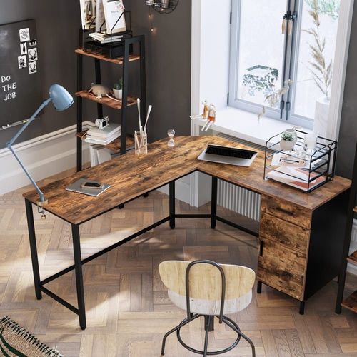 Bureau D'angle Avec Placard Et Tiroir Effet Bois Marron Rustique