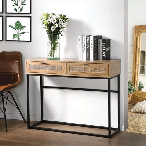 Console 2 Tiroirs Aspect Chêne Avec Cannage Rotin - L100cm