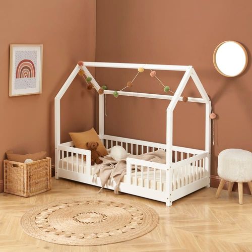 Lit Cabane Avec Barrières Pin Massif Blanc 70x140cm Sommier