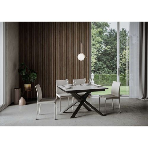 Table Extensible 90x120/180 Cm Effet Bois Blanc Bord Anthracite
