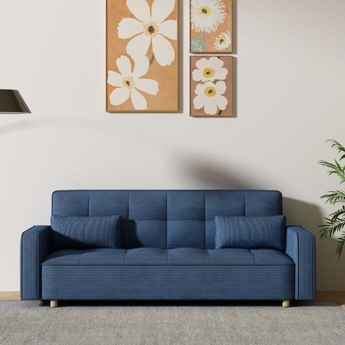 Canapé Scandinave Convertible 3 Places En Velours Côtelé Bleu