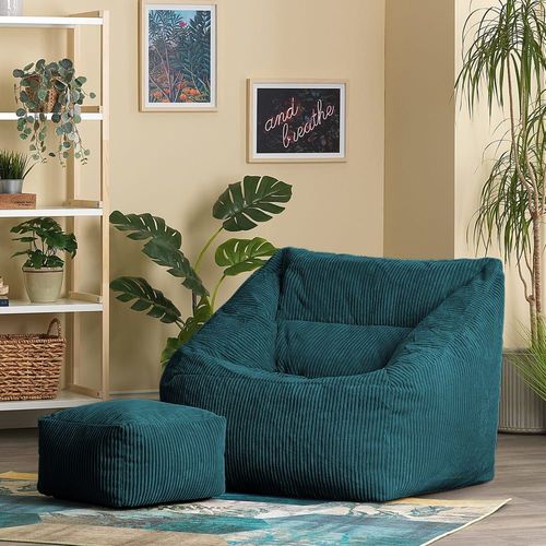 Pouf Fauteuil Avec Repose-Pied Carré Velours Côtelé Bleu Canard