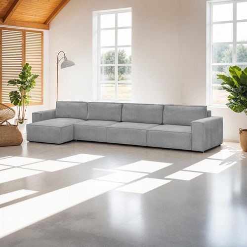 Canapé D'angle Modulable Convertible 7 Places En Velours Côtelé Gris