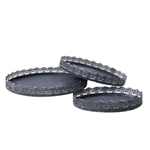 Set De 3 Plateaux À Gateaux Motif Dentelle En Métal Gris L.35 30 25 Cm