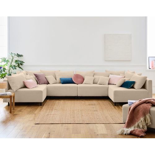 Canapé Modulable 6 Places En U En Velours Côtelé Beige