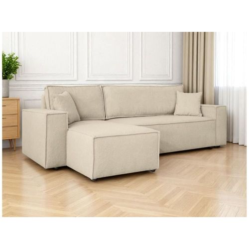 Canapé D'angle Convertible 4 Places En Tissu Bouclette - Beige