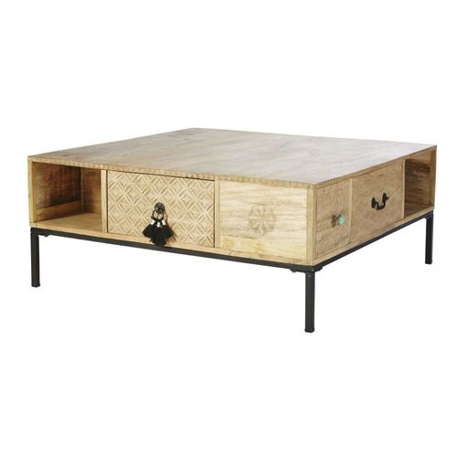Table Basse Carrée 4 Tiroirs En Manguier Massif Et Métal Noir L90