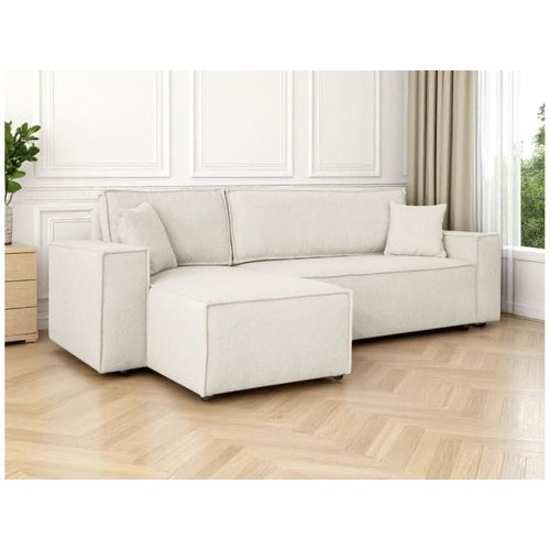 Canapé D'angle Convertible 4 Places En Tissu Bouclette - Blanc