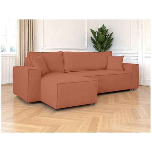 Canapé D'angle Convertible 4 Places En Tissu Bouclette - Terracotta