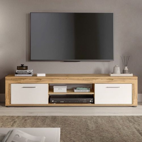 Meuble Tv 2 Portes Abattantes Et 2 Niches Blanc Et Chêne Wotan L160 Cm