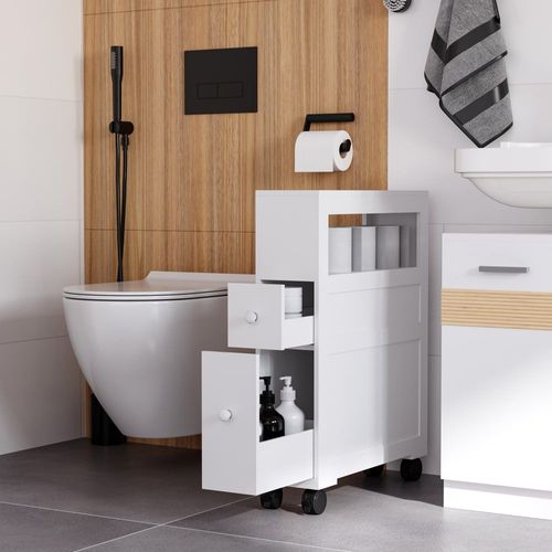 Meuble De Rangement Salle De Bain Étroit Étagère Et Tiroirs Blanc