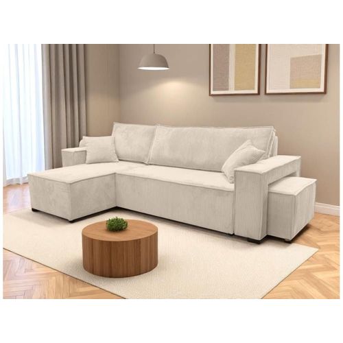 Canapé D'angle Convertible Avec Un Pouf En Velours Côtelé - Beige