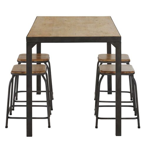 Table À Manger Et Tabourets (X4) En Bois De Sapin Massif Et Métal 6 Personnes L120
