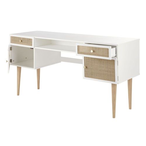 Bureau Enfant Bicolore 2 Portes 2 Tiroirs Cannage En Rotin