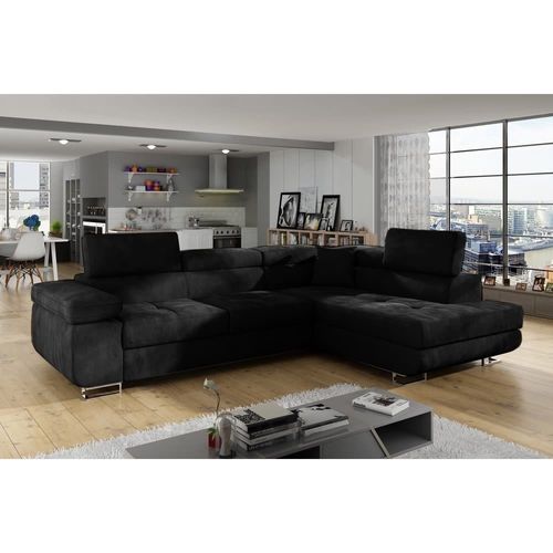 Canapé D'angle Droit Convertible En Velours Noir 5 Places