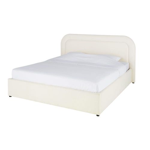 Lit Coffre Bouclettes Blanches 160x200 Avec Sommier À Lattes Écru