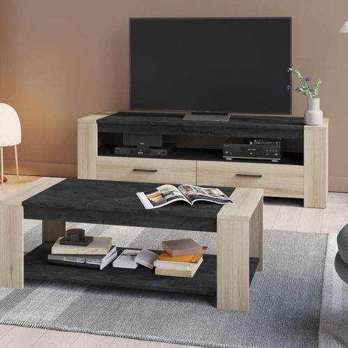 Meuble Tv 2 Tiroirs 1 Large Niche L151,7 Cm - Décor Chêne Et Ardoise