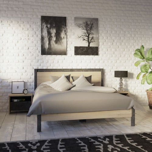 Lit Adulte 2 Places Décor Chêne Et Noir - 140x190 Cm