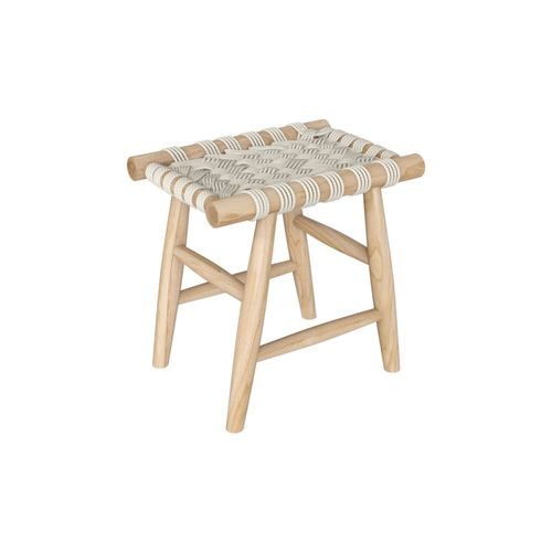 Tabouret Tressé Blanc En Macramé Et Branche De Teck