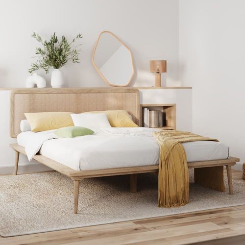 Lit Double 140x190 Cm En Bois Et Cannage