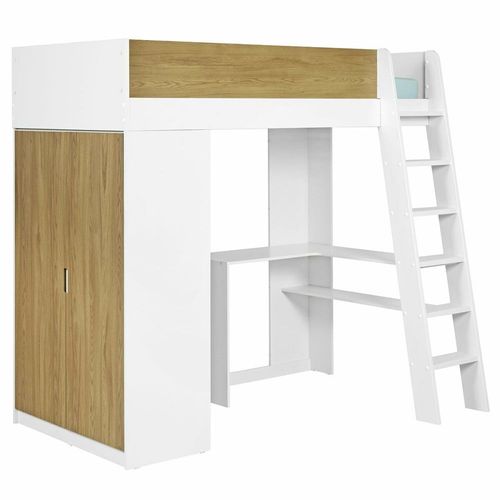Pack Lit Mezzanine Avec Matelas Blanc Et Bois 90x190 Cm
