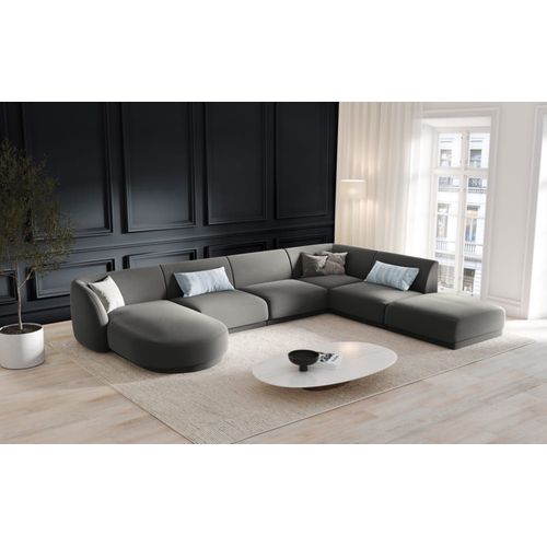 Canapé D'angle Côté Droit 6 Places En Tissu Velours Gris Clair