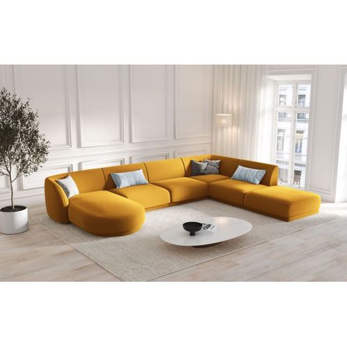 Canapé D'angle Côté Droit 6 Places En Tissu Velours Jaune