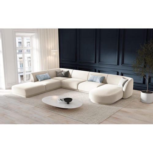 Canapé D'angle Côté Gauche 6 Places En Tissu Velours Beige Clair