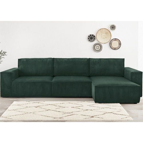 Canapé D'angle 5 Places Convertible +Coffre, Velours Côtelé Vert Foncé