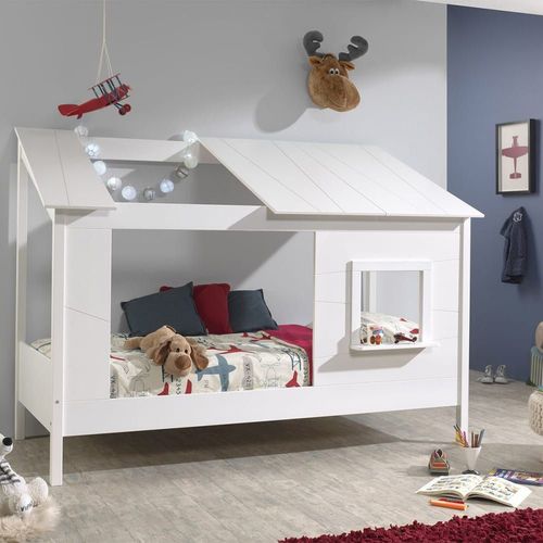 Lit Maison 90x200cm Blanc Avec Fenêtre + Sommier