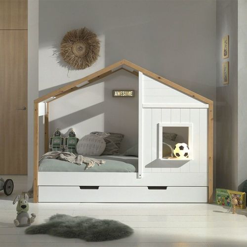 Lit Maison 90x200cm Blanc Et Pin Avec Fenêtre + Tiroir