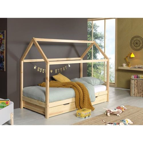 Lit Cabane 90x200cm En Pin Massif Naturel + Tiroir