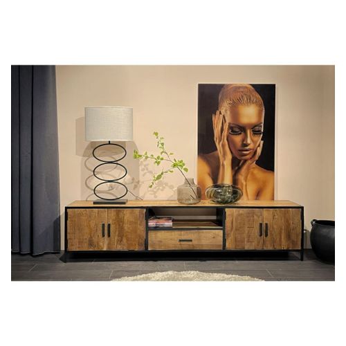Meuble Tv 3 Portes 1 Tiroir L 220 Cm, Manguier Massif Et Métal