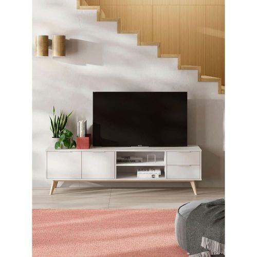 Meuble Tv 2 Portes, 2 Tiroirs, 2 Niches Blanc Et Pin Massif - L180 Cm