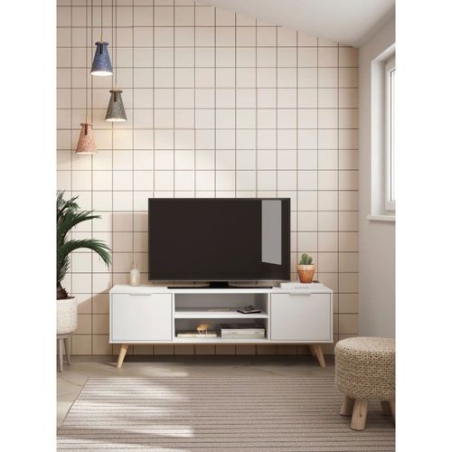 Meuble Tv 2 Portes 2 Niches Blanc Et Pin Massif - L140 Cm