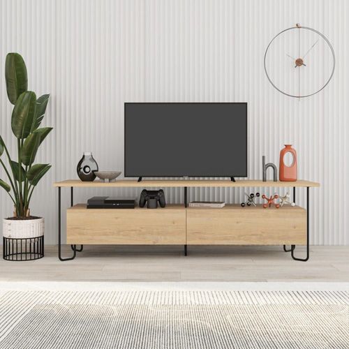 Meuble Tv 2 Portes Avec Pieds En Métal L150 Cm - Effet Chêne