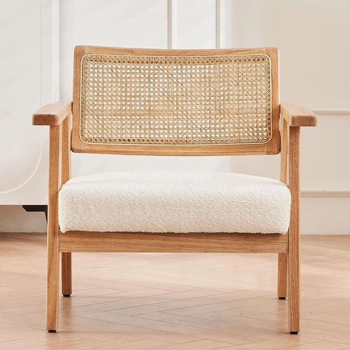 Fauteuil En Tissu Bouclé Écru Et Cannage Naturel