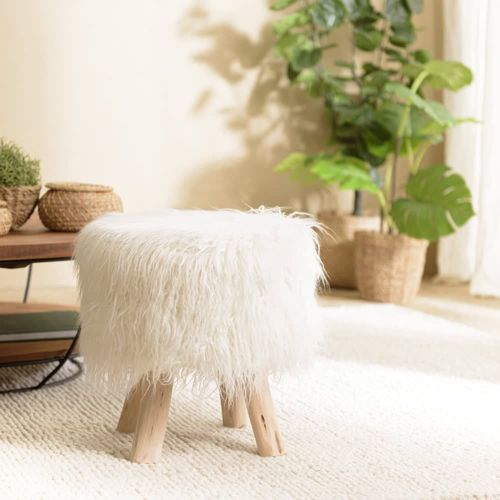 Tabouret Rond 40x40cm Peau De Mouton Couleur Ivoire Pieds Bois