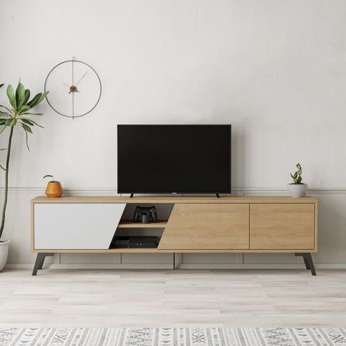 Meuble Tv 3 Portes Et 2 Niches Décor Chêne Et Blanc - L180 Cm