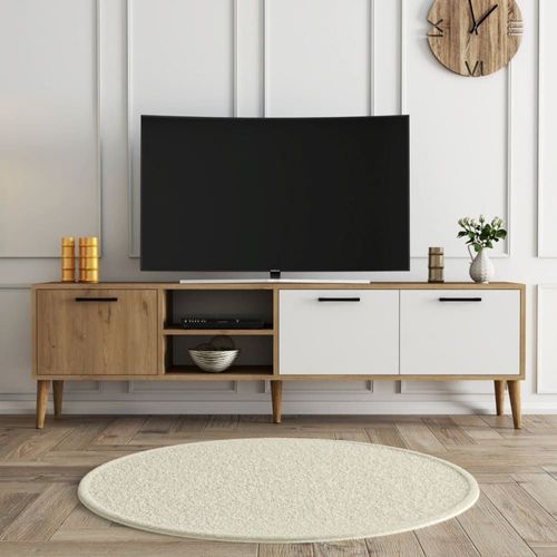 Meuble Tv 2 Niches 3 Portes - L180 Cm - Effet Blanc Et Chêne