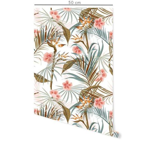 Papier peint vinyle adhésif plantes tropicales vert et rose 50x300 cm