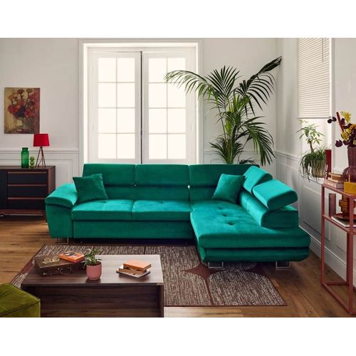 Canapé D'angle Droit Convertible 5 Places En Velours Vert