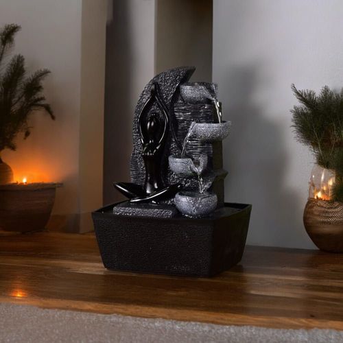 Fontaine Cascade Décor Roche En Résine Et Statuette Yoga Noire H25cm