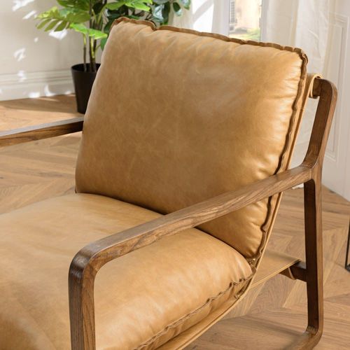 Fauteuil Incliné Vintage Cuir Marron Cognac, Structure En Bois