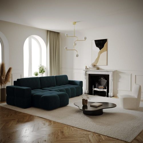 Canapé D'angle Gauche Convertible Coffre 5 Places Velours Bleu Paon