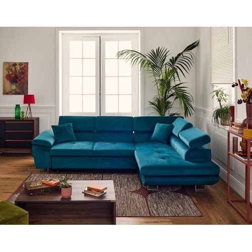 Canapé D'angle Droit Convertible 5 Places En Velours Bleu