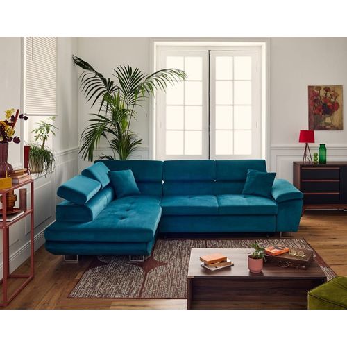 Canapé D'angle Gauche Convertible 5 Places En Velours Bleu