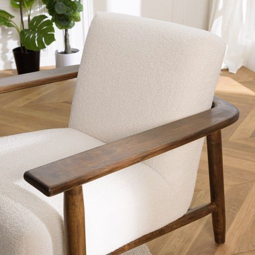 Fauteuil Tissu Bouclette Écru Structure Et Accoudoirs En Bois