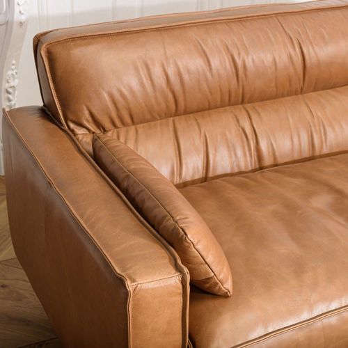 Canapé 3 Places Vintage En Cuir Marron Camel, Pieds En Bois